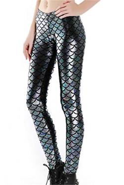 Dreamskull Leggings Jeggings Treggings Bleistifthose Stretchhose Damen Frauen Hose Lang High Waist Skinny Slim Fit Yoga Stretch Workout Fitness Schuppen Bunt Große Größen S-4XL (2XL, Silberblau) von Dreamskull