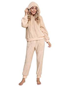 Dreamskull Schlafanzug Pyjama Damen Teddy Fleece Zweiteiler Hausanzug Kuschelig Flauschig Plüsch Lang Frottee Winter Warm Anzug Set Schlafen Nachtwäsche Zweiteilig mit Kapuze Taschen (Khaki, S) von Dreamskull