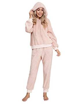 Dreamskull Schlafanzug Pyjama Damen Teddy Fleece Zweiteiler Hausanzug Kuschelig Flauschig Plüsch Lang Frottee Winter Warm Anzug Set Schlafen Nachtwäsche Zweiteilig mit Kapuze Taschen (Rosa, M) von Dreamskull