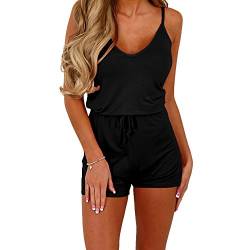 Dreamskull Träger Jumpsuit Overall Einteiler Romper Hosenanzug Kurz Rückenfrei Ärmellos V Ausschnitt Spagettiträger Stretch Locker Damen Frauen(L, Schwarz) von Dreamskull