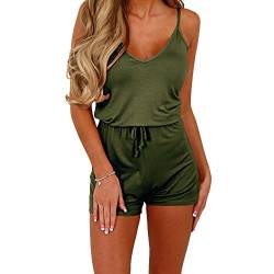 Dreamskull Träger Jumpsuit Overall Einteiler Romper Hosenanzug Kurz Rückenfrei Ärmellos V Ausschnitt Spagettiträger Stretch Locker Damen Frauen(M, Grün) von Dreamskull