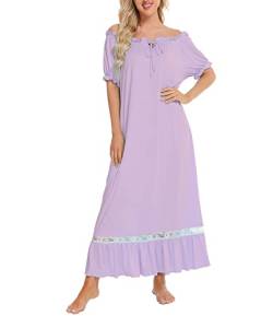 Frauen Vintage Nachthemden Kurzarm Spitze Nachthemd Lange Schlaf Kleid Modal Nachthemd Lounge Kleider, Psln-lila, 46 von Dreamskull