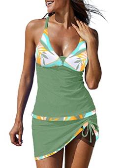 Dreamsoar Damen-Tankini, Racerback, Bauchkontrolle, zweiteilig, Vintage-Badeanzug, Blumenmuster, Grün-weißes Blatt-109, XL von Dreamsoar