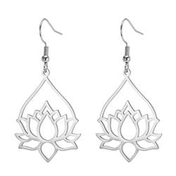 Dreamtimes Lotus Blume baumelnden Ohrringe für Frauen Ohrringe mit Heilung Charms Yoga Unalome Symbol Amulett Edelstahl Buddha Yoga-Schmuck (Silber) von Dreamtimes