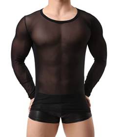 Drelaar Herren Rundhals Langarm T-Shirt Sexy Mesh Durchsichtig Unterhemd, Schwarz , S von Drelaar