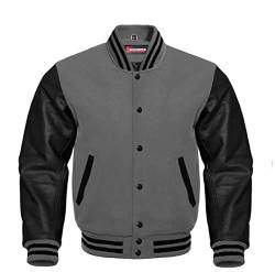 Herren Varsity Letterman Baseballjacke aus Wolle mit Wollkörper und Echtlederärmeln in individuellen Größen und Farben, Grau/Schwarz, M von Dress Club International