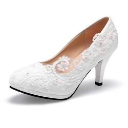 Braut Hochzeitsschuhe Geschlossene Zehen Kleid Pumps Stiletto Absatz mit Naht Spitze, Weiß, 40.5 EU von Dress First