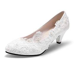 Bridal Wedding Shoes Closed Toe Dress Pumps Stiletto Heel with Stitching Lace?2.2?, White, 8 von Dress First