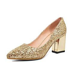 Damen Glitzernde Glitzer Chunky Heel Geschlossene Zehen Pumps Bequeme Mid Blockabsatz Slip-on Klassische Party Kleid Schuhe, Gold (gold), 42 EU von Dress First