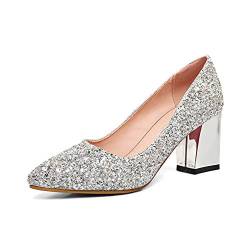 Damen-Pumps mit glitzerndem Glitzer, klobiger Absatz, geschlossener Zehenbereich, bequem, mittelhoher Blockabsatz, Slipper, klassisch, Partykleid, Schuhe, silber, 37.5 EU von Dress First