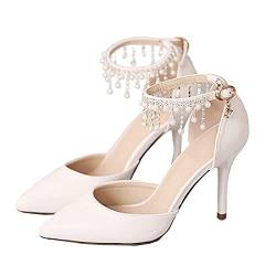 Pumps mit spitzem Zehenbereich, Knöchelriemen, Kleiderschuhe, Hochzeit, Party, Pumps mit Perlen, 9 cm, Weiß, 37.5 EU von Dress First