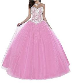 Dresses Onlie Damen Prinzessin Strass Quinceanera Kleider Perlen Abendkleider Lang Hochzeitskleider Elegant Ballkleid(Rosa 01,36) von Dresses Onlie