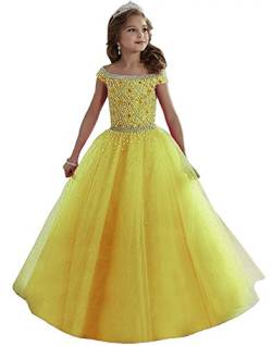 Dresses Onlie Mädchen Perlen Blumenmädchen Kleider Bodenlanges Kinderkleid Erste Kommunikation Kleider Ballkleid Partyskleid(Gelb,6-7 jahre) von Dresses Onlie