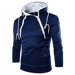 Dressin Schräger Reißverschluss Herren Kapuzenpullover Hoher Kragen Zip Hoodie Patchwork Sweatshirt Pullover mit Kordelzug Slim Fit Kapuzenpulli Sportjacke Outdoorjacke, A-navy, XL von Dressin