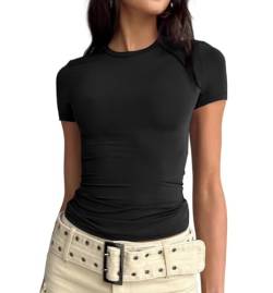 Dressmine Damen Basic Crop Tops Ausgehen Kurzarm Shirts Sommer Slim Fit Rundhalsausschnitt Y2k Tight T Shirts 2024, 02 Schwarz, Mittel von Dressmine