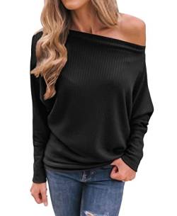 Dressmine Damen Waffelstrick Schulterfrei Tops Oversize Langarm Tunika Shirts Pullover Pullover, A1-schwarz, M von Dressmine