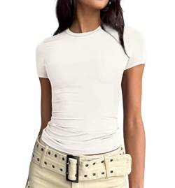 Dressmine Sexy Damen-T-Shirt, schmale Passform, kurzärmelig, Rundhalsausschnitt, lässig, Y2K, bauchfreies Oberteil, 01 Off White, M von Dressmine