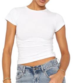 Dressmine Y2K Damen Basic Solid Crop Top Kurzarm Rundhals Shirt Yoga Skims Dupes Slim Fit T-Shirt Y2K Tops, 01 Weiß, Groß von Dressmine