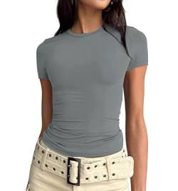 Dressmine Y2K Damen Basic Solid Crop Top Kurzarm Rundhals Shirt Yoga Skims Dupes Slim Fit T-Shirt Y2K Tops, Hellgrau, Groß von Dressmine