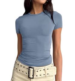 Dressmine Y2K Damen Basic Solid Crop Top Kurzarm Rundhals Shirt Yoga Skims Dupes Slim Fit T-Shirt Y2K Tops, blau; grau, Klein von Dressmine