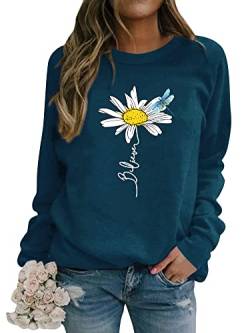 Dresswel Believe Print Pullover Damen Gänseblümchen Druck Sweatshirt Rundhalsausschnitt Langarmshirt Pulli Oberteile Bluse von Dresswel