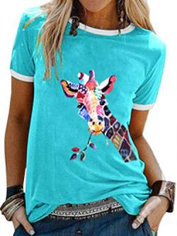 Dresswel Damen Bunt Giraffen Druck T-Shirt Rundhals Kurzarm Tee Shirts Sommer Oberteile Lustig Giraffe Tier Gedruckt Tshirts Tops von Dresswel