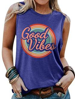 Dresswel Damen Good Vibes Regenbogen T-Shirt Tank Top Ärmellose T Shirt Rundhals Sommer Oberteile Tops Baumwolle Tee Shirts von Dresswel