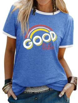 Dresswel Damen Good Vibes T-Shirt Regenbogen Druck Tshirts Rundhals Kurzarm Oberteile Hemd Tee Tops Bluse von Dresswel