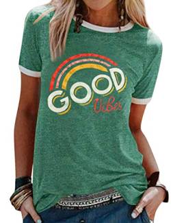 Dresswel Damen Good Vibes T-Shirt Regenbogen Muster Shirt Rundhals Kurzarm/Langarmshirt Oberteile Hemd Tops Bluse(11-Green,XXL) von Dresswel