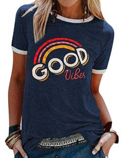 Dresswel Damen Good Vibes T-Shirt Regenbogen Muster Shirt Rundhals Kurzarm/Langarmshirt Oberteile Hemd Tops Bluse(11-Navy,XL) von Dresswel