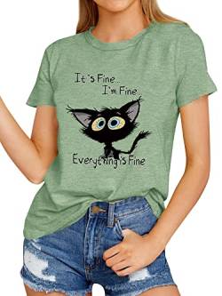 Dresswel Damen It's Fine I'm Fine Everything is Fine Lustige Katze T-Shirt Kurzarm Rundhals Neuheit Tee Shirts Sommer Oberteil Tops von Dresswel