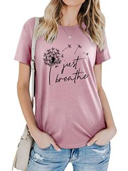 Dresswel Damen Just Breathe Löwenzahn T-Shirt Frauen Pusteblume Druck Shirts Sommer Oberteile Rundhals Kurzarm Tshirts Tops von Dresswel