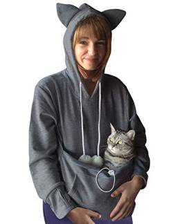 Dresswel Damen Kapuzenpullover Pulli mit Hundetasche Katzen Hund Tasche Hoodie Katze Sweatshirt Pullover mit Kapuze Katzenpulli Beutel Langarm Herbst Winter (Dark Grey, M) von Dresswel