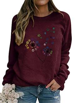 Dresswel Damen Löwenzahn Sweatshirt Pusteblume Pullover Pulli Niedlicher Hundepfoten-Grafikdruck Langarmshirt Bluse Tops (Weinrot, M) von Dresswel