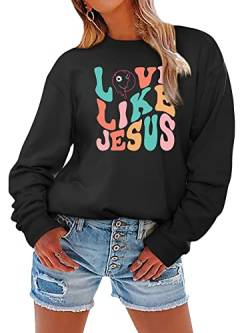 Dresswel Damen Love Like Jesus Sweatshirt Preppy Retro Christian Faith Pullover Kleidung Rundhals Langarmshirt Basic Baumwolle Bluse Tops von Dresswel