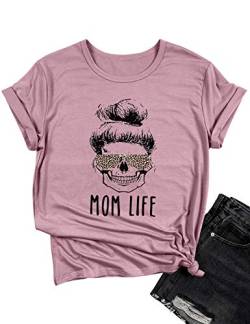 Dresswel Damen Mom Life T-Shirt Leopard Sonnenbrille Grafik Schädel Kurzarm Lustig Tops Tee Shirt für Frauen Oberteile von Dresswel