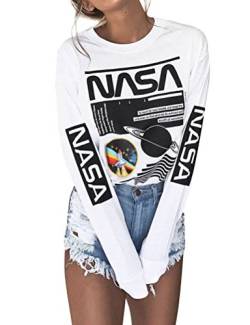Dresswel Damen NASA Pullover Weiß Langarmshirt Planet Grafik Shirt Rundhals Langarm T-Shirt Oberteil Tops Hemd Bluse von Dresswel