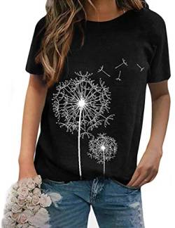 Dresswel Damen Pusteblume T-Shirt Retro Löwenzahn Druck Rundhals Kurzarm Tee Shirts Sommer Tops Oberteile für Frauen von Dresswel