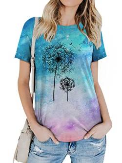 Dresswel Damen Pusteblume T-Shirt Retro Löwenzahn Druck Rundhals Kurzarm Tee Shirts Sommer Tops Oberteile für Frauen von Dresswel