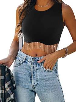 Dresswel Damen Sexy Ärmellos Crop Top Funkelnd Strass Fransen Racerback Y2K Tank Top Rundhals Strick Corset Cropped Tops mit Glitzer Quaste (Ärmellos, Schwarz M) von Dresswel