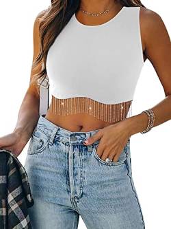 Dresswel Damen Sexy Ärmellos Crop Top Funkelnd Strass Fransen Racerback Y2K Tank Top Rundhals Strick Corset Cropped Tops mit Glitzer Quaste (Ärmellos, Weiß XL) von Dresswel