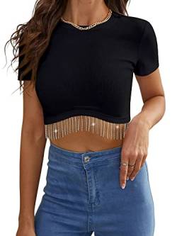 Dresswel Damen Sexy Ärmellos Crop Top Funkelnd Strass Fransen Racerback Y2K Tank Top Rundhals Strick Corset Cropped Tops mit Glitzer Quaste (Kurzarm, Schwarz L) von Dresswel