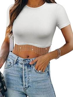 Dresswel Damen Sexy Ärmellos Crop Top Funkelnd Strass Fransen Racerback Y2K Tank Top Rundhals Strick Corset Cropped Tops mit Glitzer Quaste (Kurzarm, Weiß M) von Dresswel