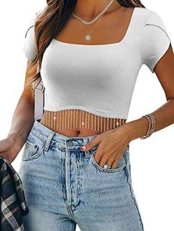 Dresswel Damen Sexy Crop Top Funkelnd Strass Fransen Blütenblatt Ärmel Kurzarm T-Shirt Y2K Tank Top Bauchfrei Oberteile Cropped Tops mit Glitzer Quaste von Dresswel