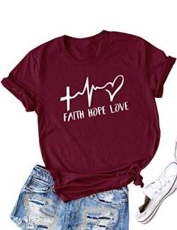 Dresswel Damen T-Shirt Faith Hope Love Brief drucken Rundhals Kurzarm Oberteil Shirt Grafikdruck Tee Tops Bluse (US M, Weinrot) von Dresswel