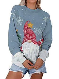 Dresswel Damen Weihnachtspullover Weihnachtsmann Zwerge 3D Druck Weihnachten Sweatshirt Xmas Pullover Pulli Langarmshirt Oberteil (Dusty Blue, S) von Dresswel