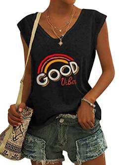 Dresswel Good Vibes T-Shirt Damen Sommer Oberteile Regenbogen Drucken Tee Tops Casual Kurzarm V-Ausschnitt Loose Shirts Blusen von Dresswel