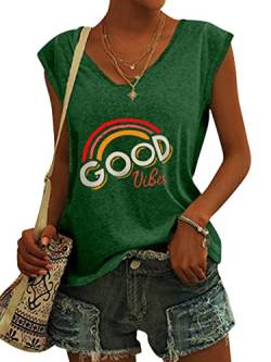 Dresswel Good Vibes T-Shirt Damen Sommer Oberteile Regenbogen Drucken Tee Tops Casual Kurzarm V-Ausschnitt Loose Shirts Blusen von Dresswel