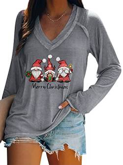 Dresswel Merry Christmas Pullover Damen Weihnachtspullover V-Ausschnitt Langarmshirt Lustige Zwerge Druck Weihnachten Shirt Elegant Oberteile Xmas Tops Lange Bluse von Dresswel