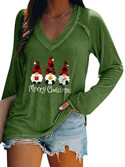 Dresswel Merry Christmas Pullover Damen Weihnachtspullover V-Ausschnitt Langarmshirt Lustige Zwerge Druck Weihnachten Shirt Elegant Oberteile Xmas Tops Lange Bluse von Dresswel